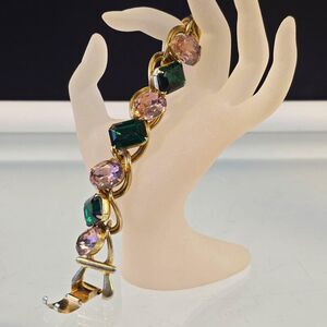 Mid-Century Clamper Bracelet Vintage Rhinestone Green Pink